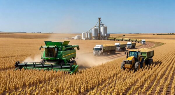 Campos de soja no Brasil com colheita e caminhões para exportação, representando recorde no agronegócio.