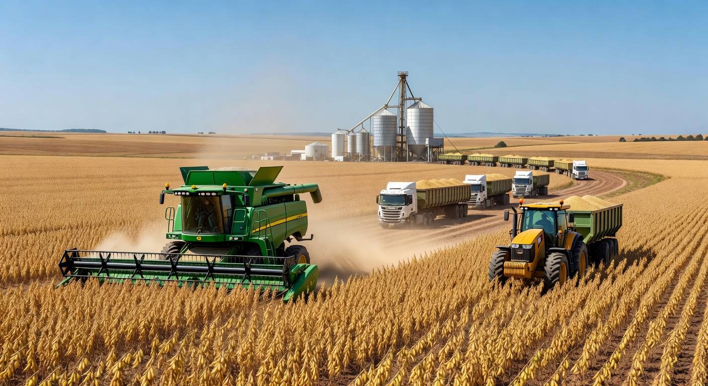 Campos de soja no Brasil com colheita e caminhões para exportação, representando recorde no agronegócio.