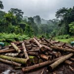 Pilhas de madeira ilegal apreendida na Operação Maravalha no Pará, com veículos de fiscalização na floresta amazônica.