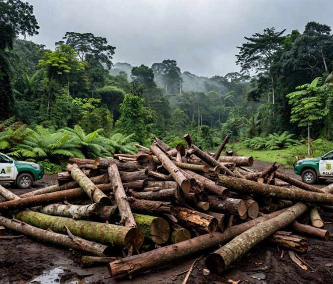 Pilhas de madeira ilegal apreendida na Operação Maravalha no Pará, com veículos de fiscalização na floresta amazônica.