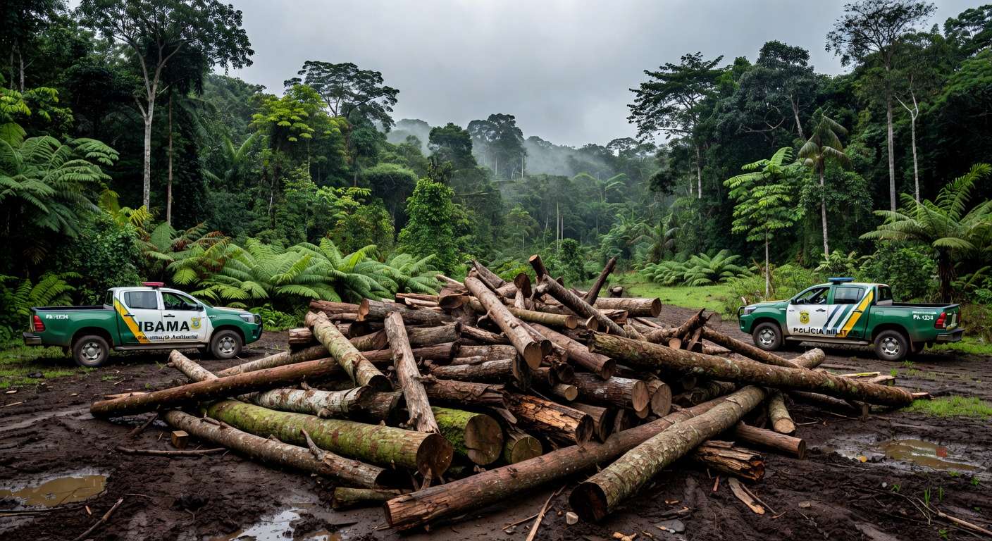 Pilhas de madeira ilegal apreendida na Operação Maravalha no Pará, com veículos de fiscalização na floresta amazônica.