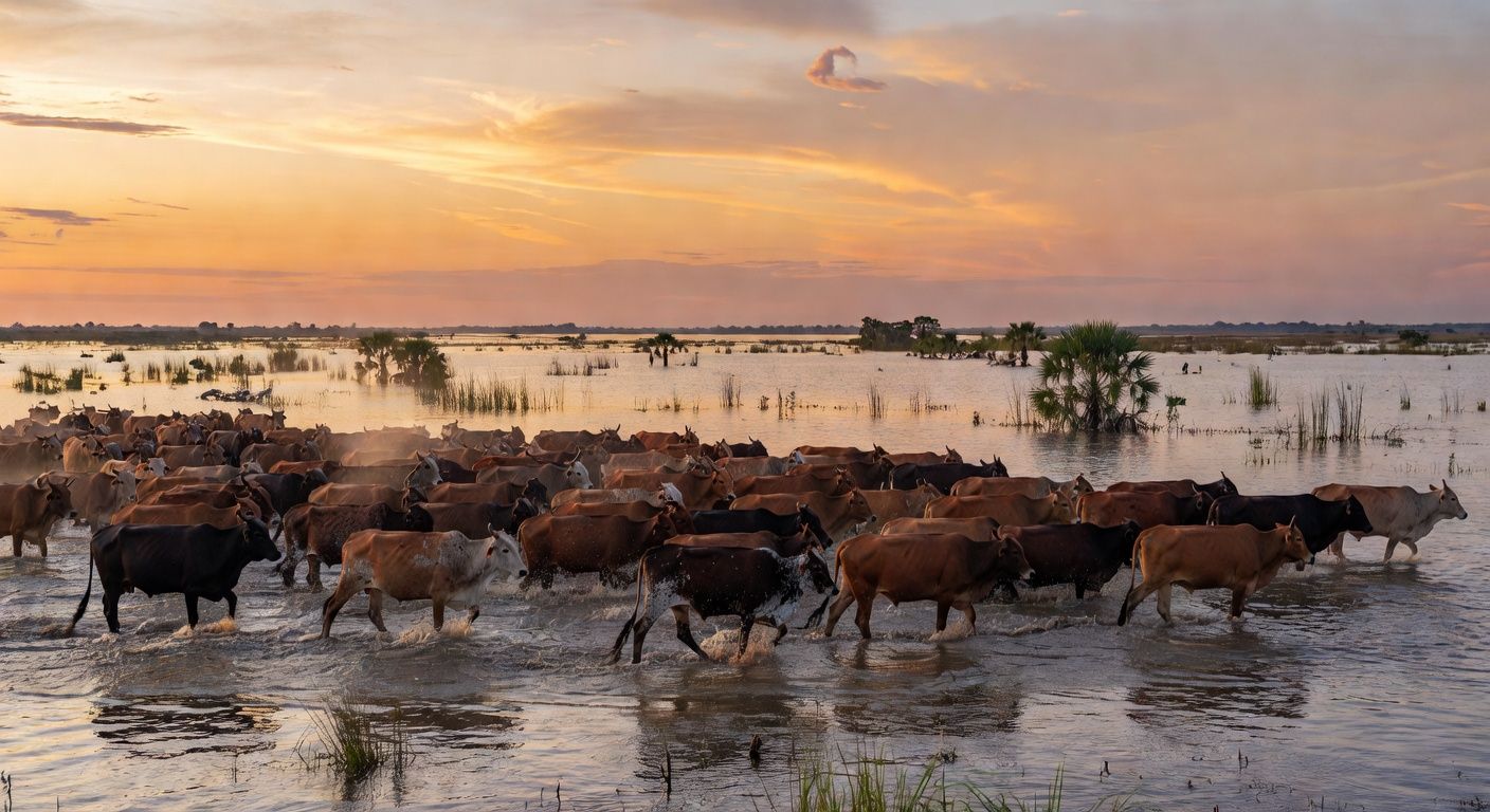 Manada de gado atravessando alagados no Pantanal brasileiro, preservando tradição pantaneira.