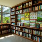 Sala Ana Maria Primavesi na Unicamp, com elementos de agroecologia como livros e pôsteres sobre agricultura sustentável.