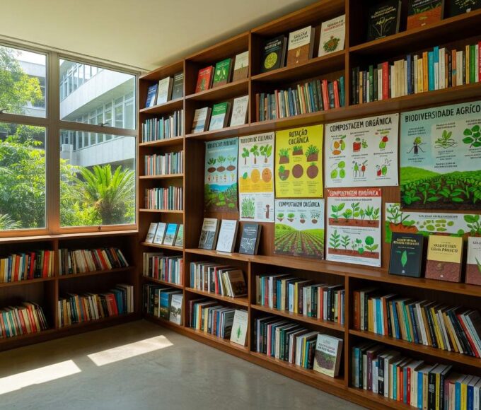 Sala Ana Maria Primavesi na Unicamp, com elementos de agroecologia como livros e pôsteres sobre agricultura sustentável.