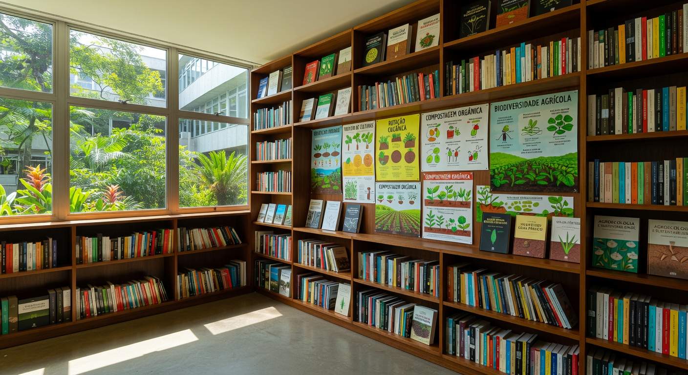 Sala Ana Maria Primavesi na Unicamp, com elementos de agroecologia como livros e pôsteres sobre agricultura sustentável.