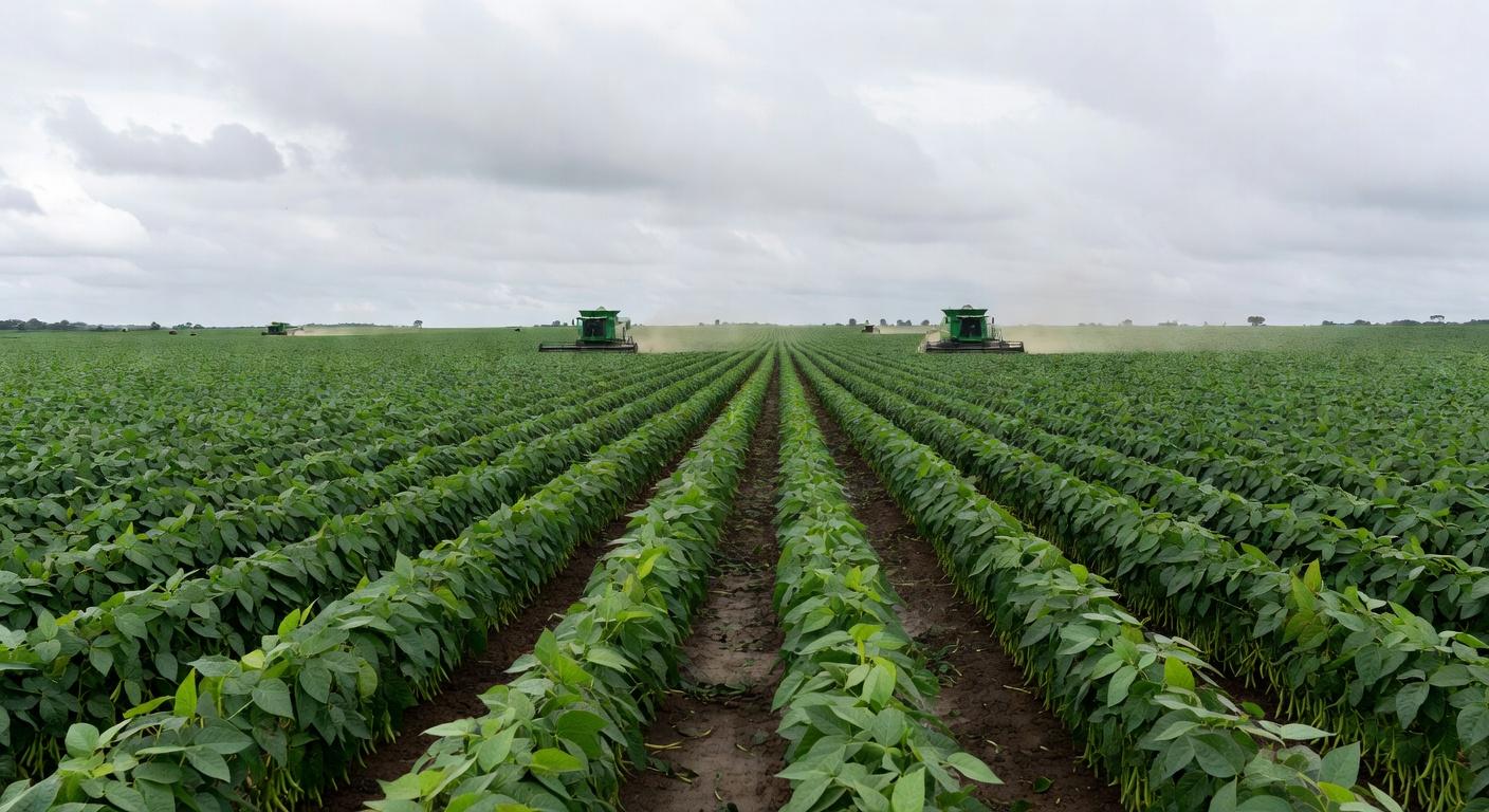 Plantação de soja no Brasil com preços estáveis e demanda fraca, em estilo fotojornalístico.
