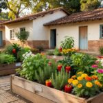 Horta sensorial acessível inaugurada pela Mosaic em escola de Uberaba, com plantas variadas e canteiros elevados.