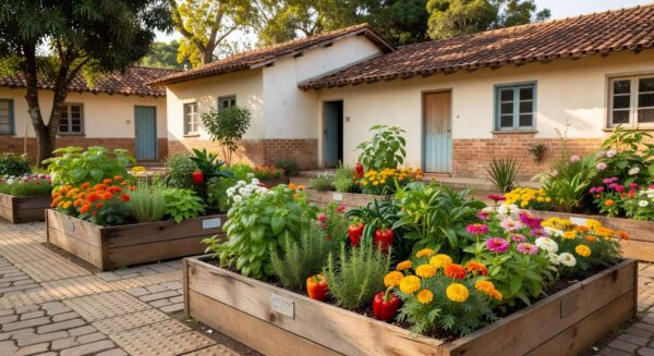 Horta sensorial acessível inaugurada pela Mosaic em escola de Uberaba, com plantas variadas e canteiros elevados.