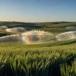 Plantação de trigo irrigada no interior de SP, ilustrando dobra na produtividade agrícola.