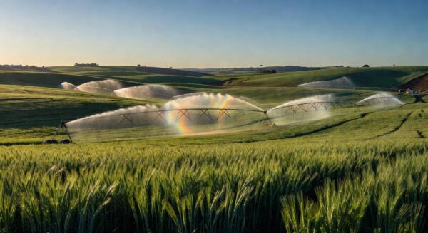 Plantação de trigo irrigada no interior de SP, ilustrando dobra na produtividade agrícola.