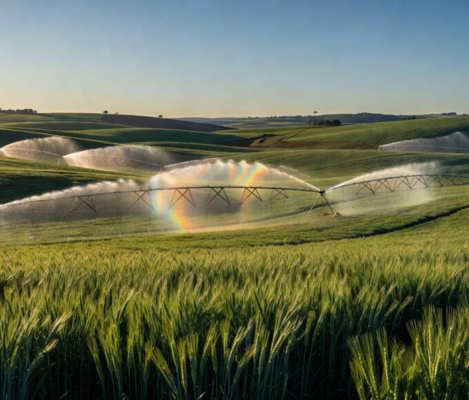 Plantação de trigo irrigada no interior de SP, ilustrando dobra na produtividade agrícola.