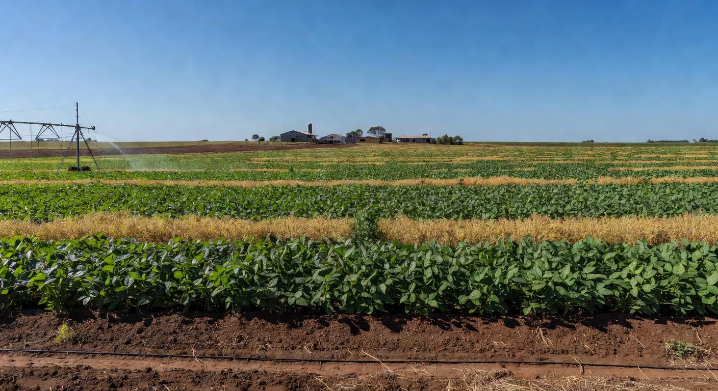 Plantação de soja regenerativa em campo vasto no Mato Grosso, Brasil, com solo rico e vegetação verde.