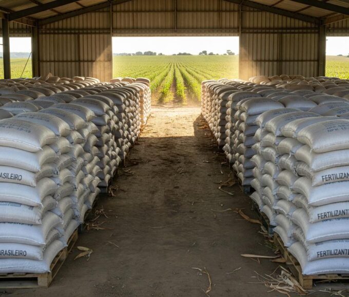 Armazém com sacos de fertilizantes no Brasil, ilustrando liberação de reservas chinesas contra escassez global por conflito no Oriente Médio.