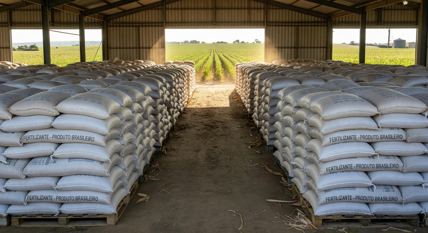 Armazém com sacos de fertilizantes no Brasil, ilustrando liberação de reservas chinesas contra escassez global por conflito no Oriente Médio.