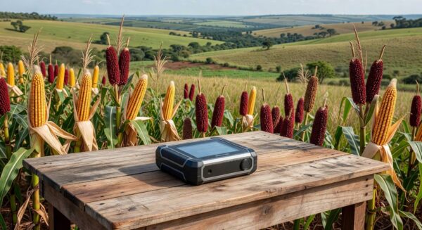 Dispositivo portátil da Embrapa para análise de proteína e óleo em lavoura de milho e sorgo no Brasil.