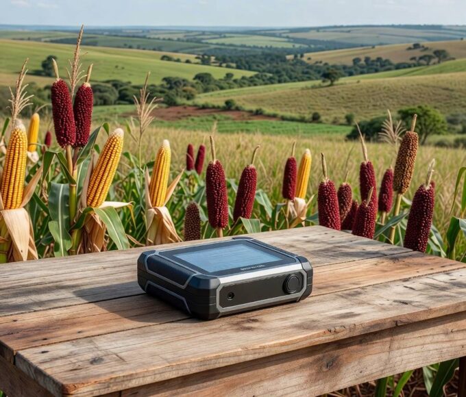Dispositivo portátil da Embrapa para análise de proteína e óleo em lavoura de milho e sorgo no Brasil.