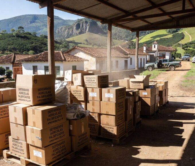 Pilhas de defensivos agrícolas falsificados apreendidos em operação em Minas Gerais, com viaturas policiais ao fundo.