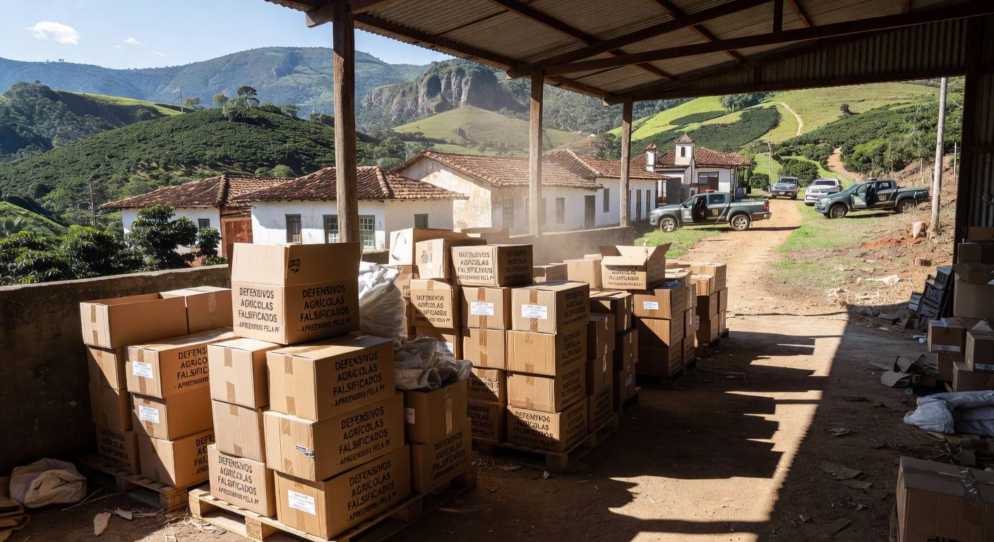 Pilhas de defensivos agrícolas falsificados apreendidos em operação em Minas Gerais, com viaturas policiais ao fundo.
