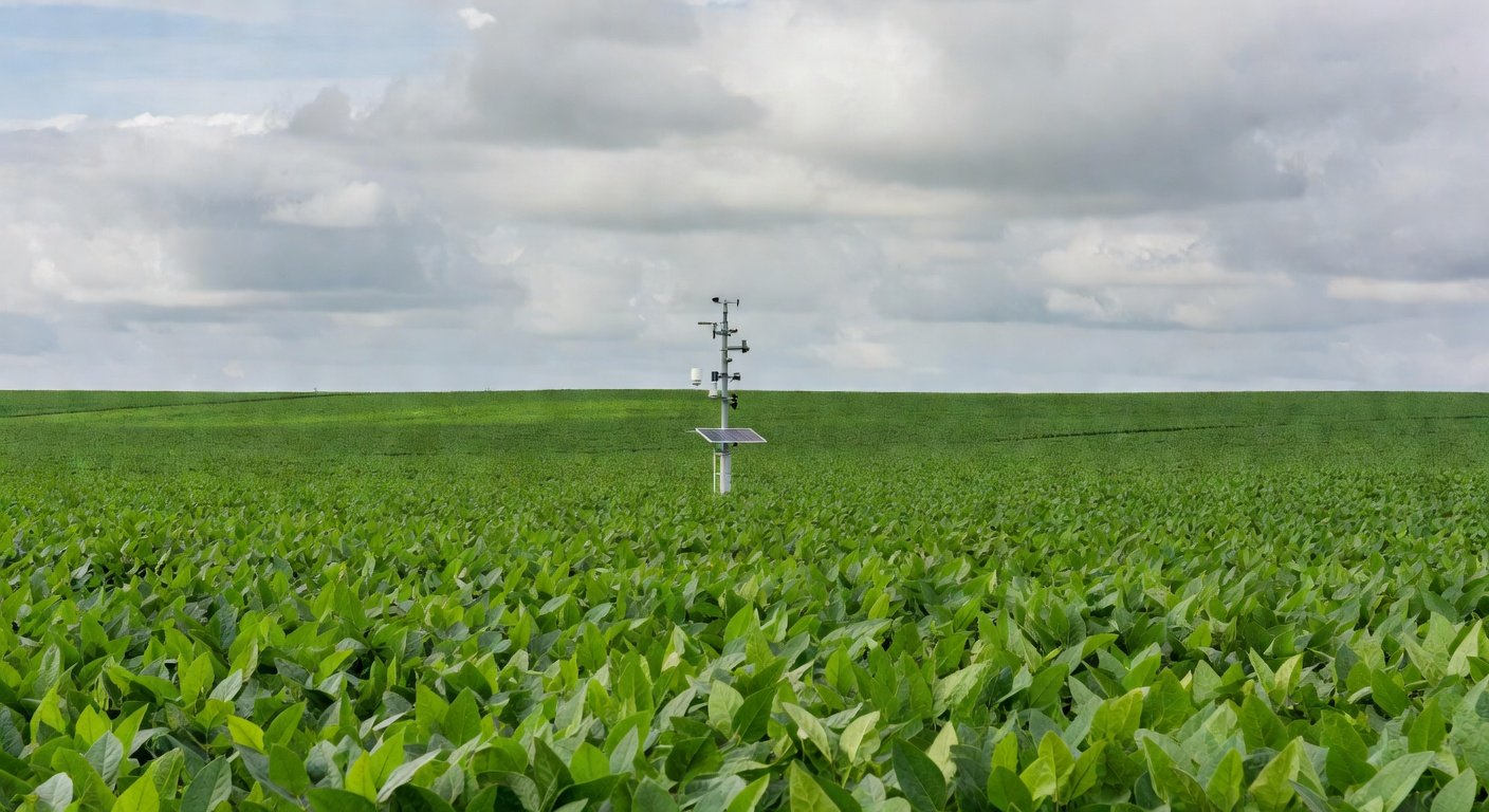 Plantação de soja no Centro-Oeste brasileiro com estação meteorológica para otimização da produção.