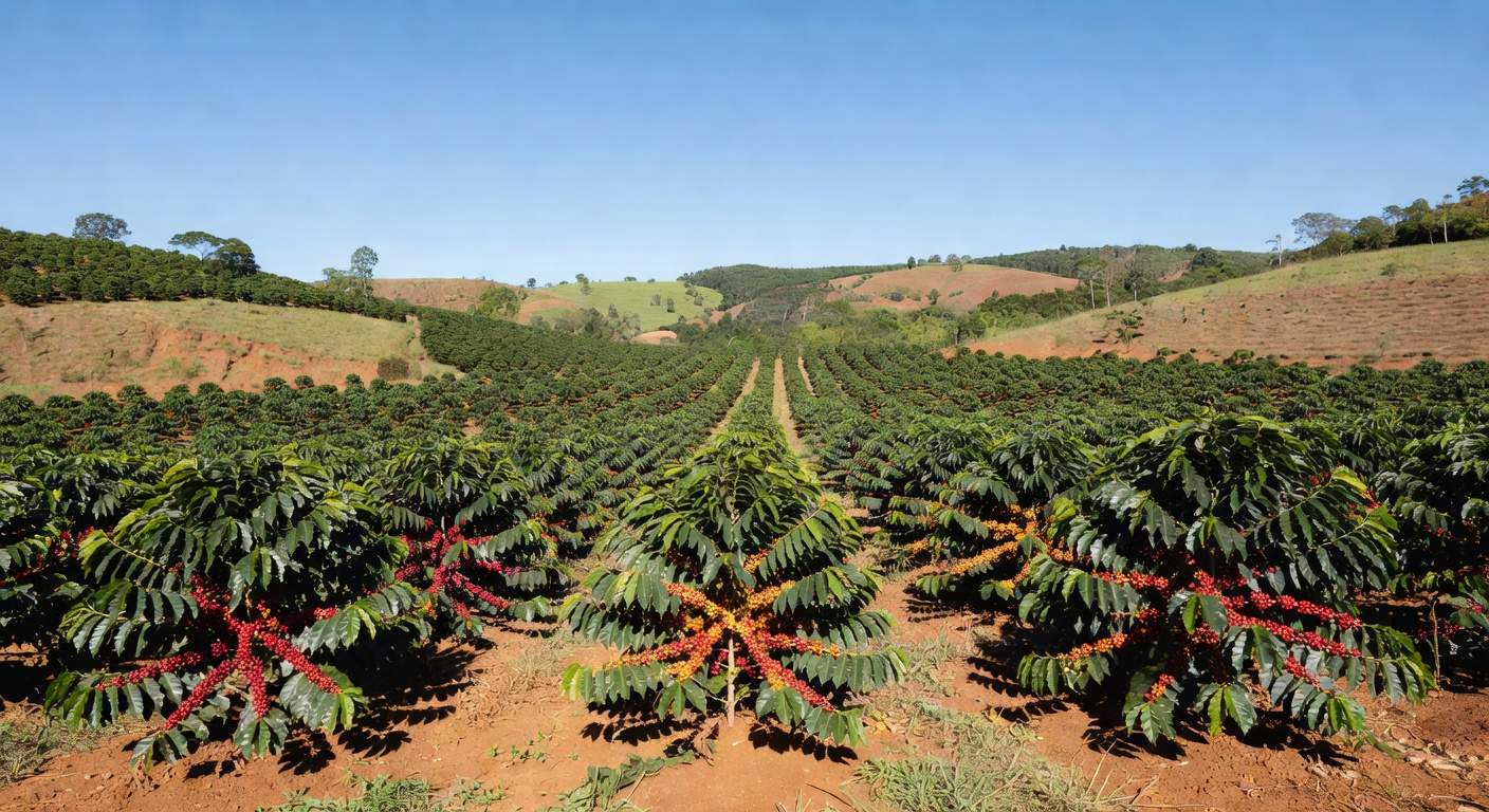 Plantação de café no Brasil com variedades Catuaí Vermelho e Amarelo, frutos maduros em fileiras de cafeeiros.