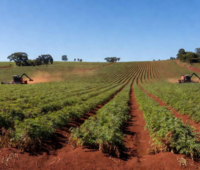 Plantação de amendoim em colheita no interior de São Paulo, com máquinas agrícolas e solo vermelho.
