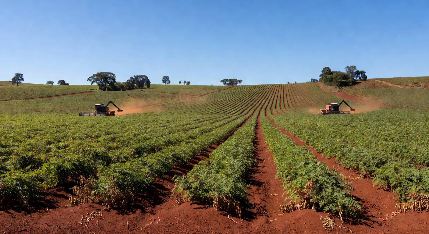 Plantação de amendoim em colheita no interior de São Paulo, com máquinas agrícolas e solo vermelho.