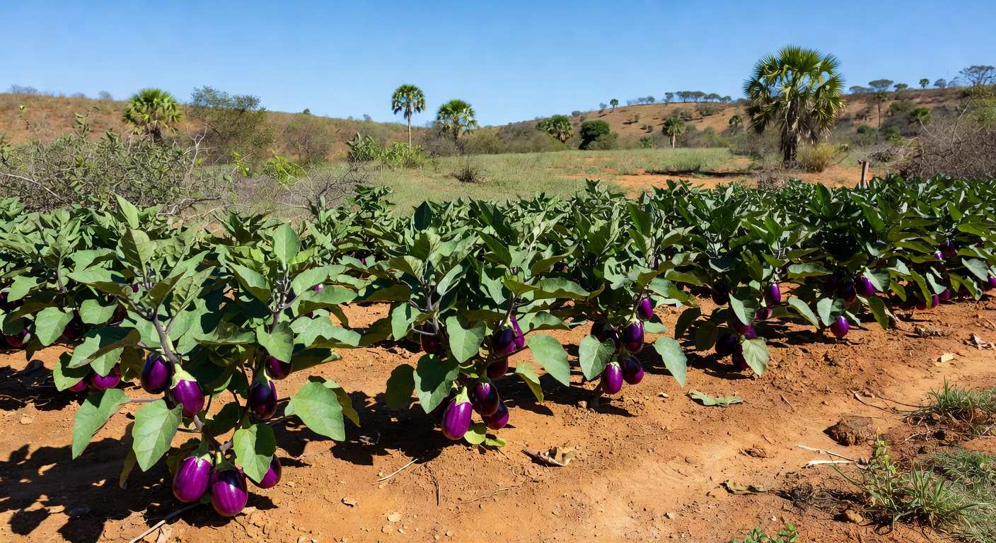Plantação de berinjelas no Brasil, destacando frutos roxos como fruta botânica.
