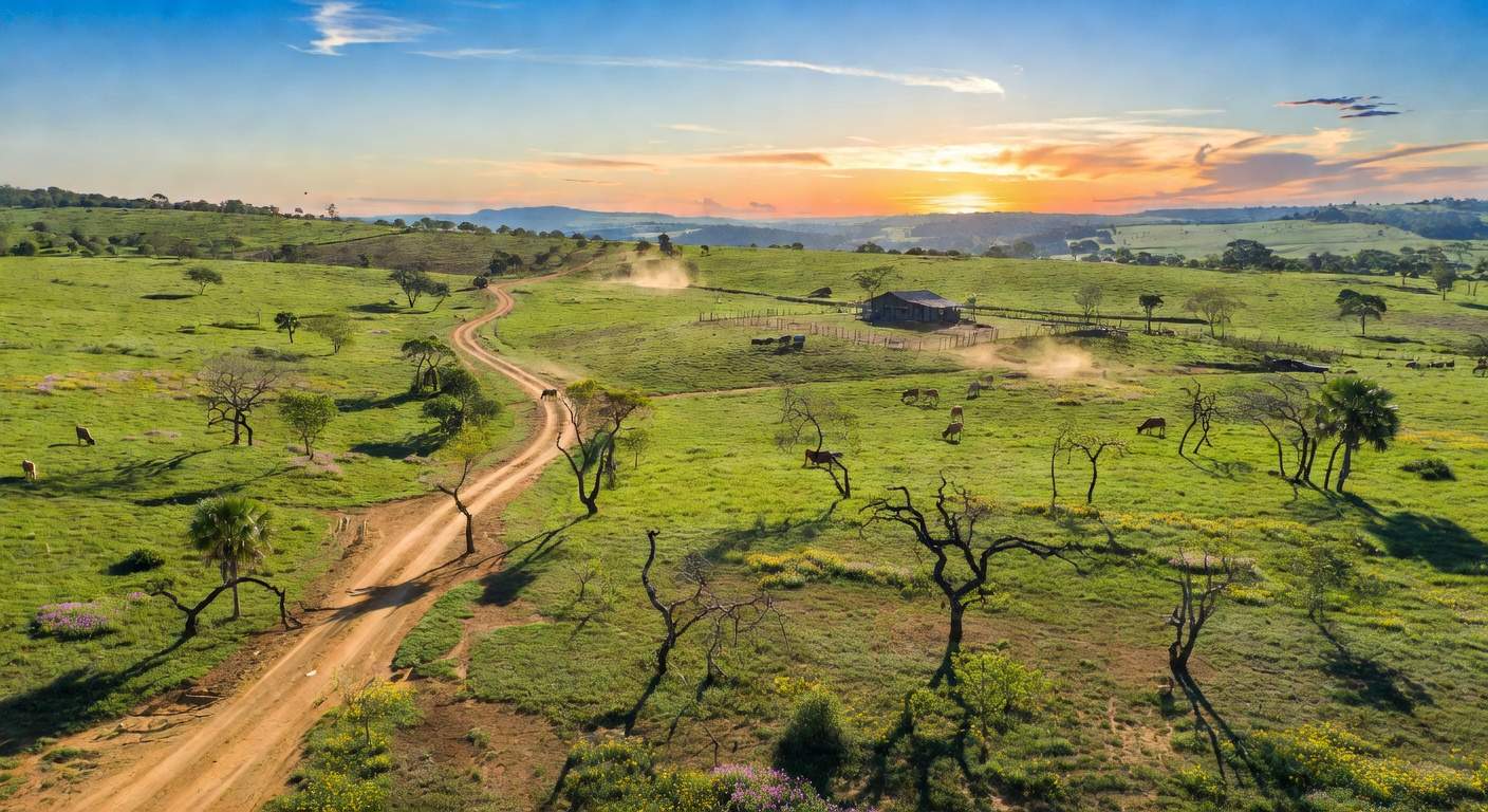 Vista aérea de fazenda extensa no Tocantins, com campos verdes e cerrado, representando aquisição de propriedade rural.