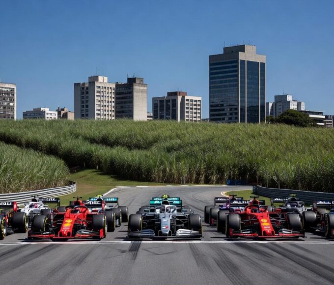 Pista de Fórmula 1 em Interlagos com carros e plantações de cana simbolizando combustível sustentável para 2026.