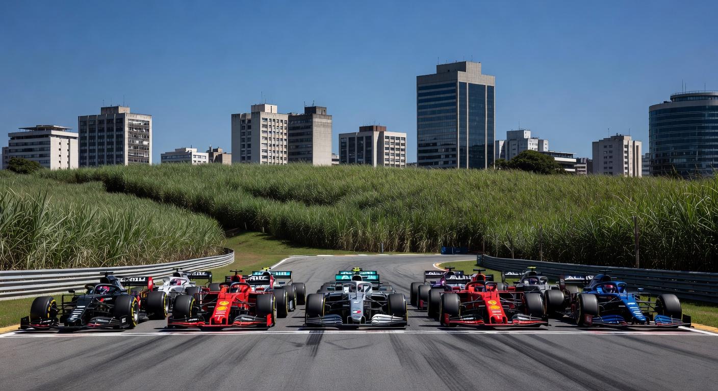 Pista de Fórmula 1 em Interlagos com carros e plantações de cana simbolizando combustível sustentável para 2026.