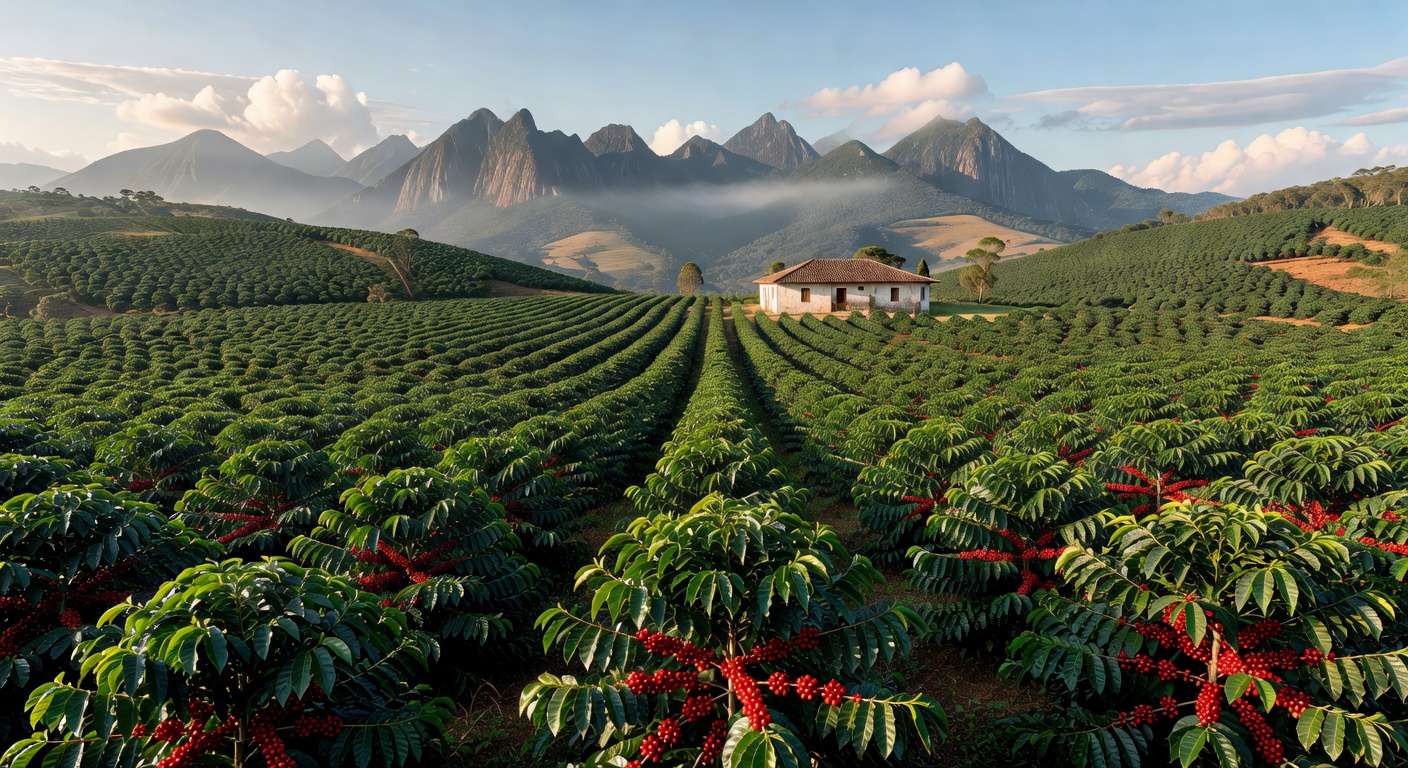 Plantação de café em Minas Gerais, Brasil, representando o Dia Internacional do Café instituído pela ONU.