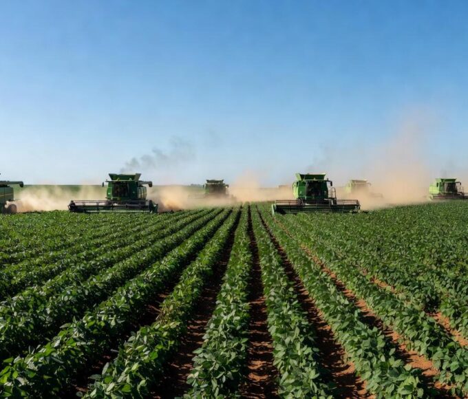 Plantação de soja no Mato Grosso, Brasil, com campos verdes e colheitadeiras ao fundo.