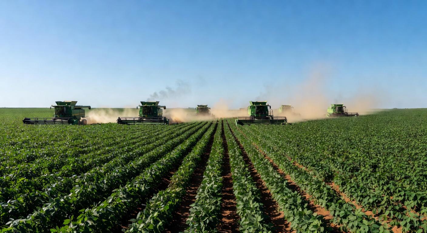 Plantação de soja no Mato Grosso, Brasil, com campos verdes e colheitadeiras ao fundo.
