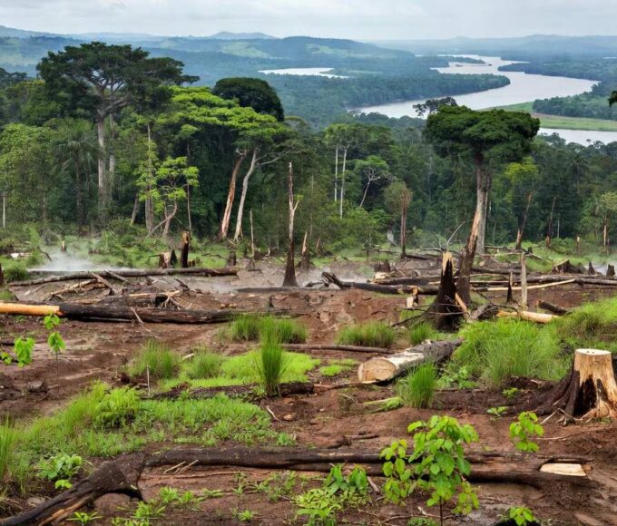 Área de desmatamento ilegal de 131 hectares na Amazônia, com troncos caídos e solo exposto, após condenação de fazendeiro pela AGU.