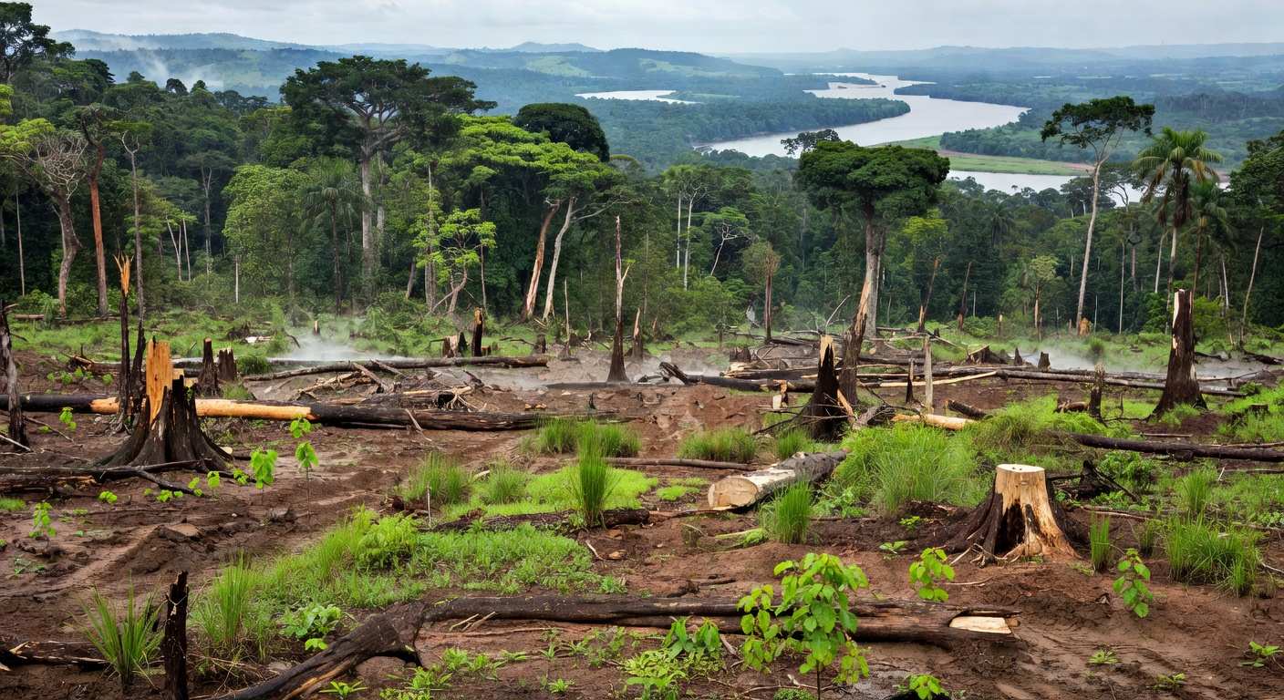 Área de desmatamento ilegal de 131 hectares na Amazônia, com troncos caídos e solo exposto, após condenação de fazendeiro pela AGU.