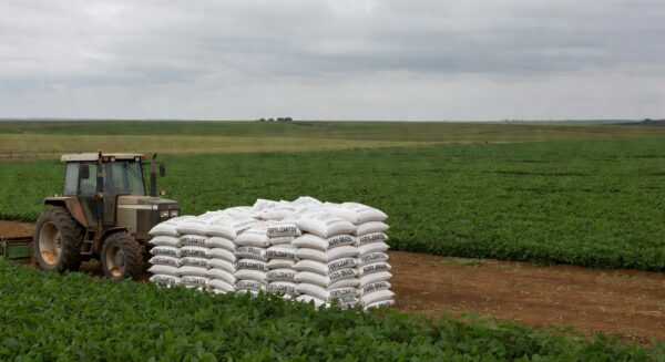 Lavoura de soja no Brasil com sacos de fertilizantes, ilustrando alerta sobre preços elevados devido à guerra no Oriente Médio.