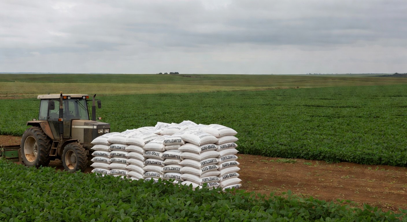 Lavoura de soja no Brasil com sacos de fertilizantes, ilustrando alerta sobre preços elevados devido à guerra no Oriente Médio.