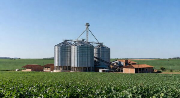 Silos de armazenagem de grãos em plantação no Brasil, destacando déficit de 130 milhões de toneladas.