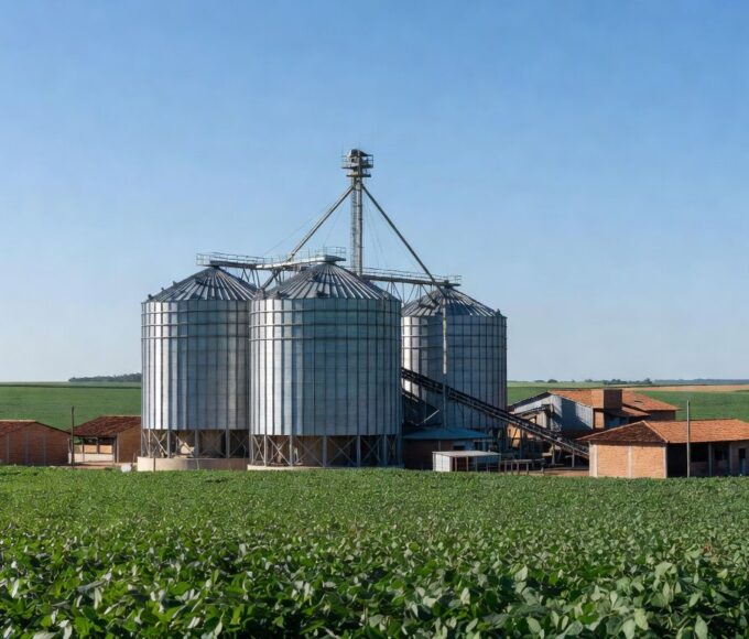 Silos de armazenagem de grãos em plantação no Brasil, destacando déficit de 130 milhões de toneladas.