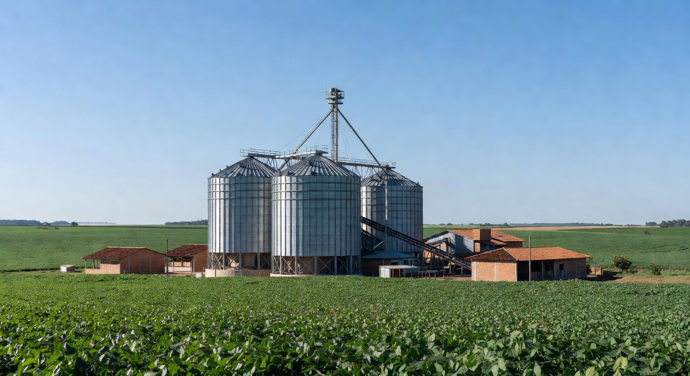 Silos de armazenagem de grãos em plantação no Brasil, destacando déficit de 130 milhões de toneladas.