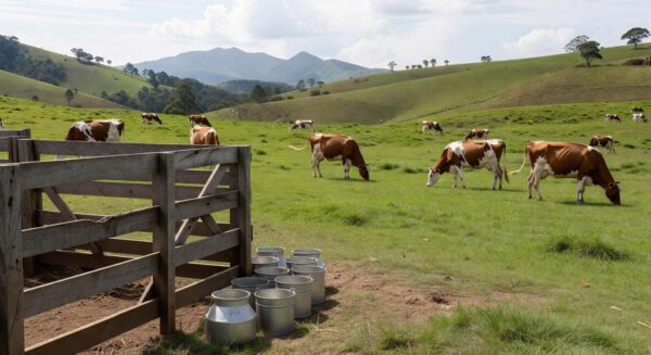Fazenda leiteira brasileira com vacas e baldes, representando o programa Balde Cheio da Embrapa, em homenagem a Arthur Chinelato de Camargo.