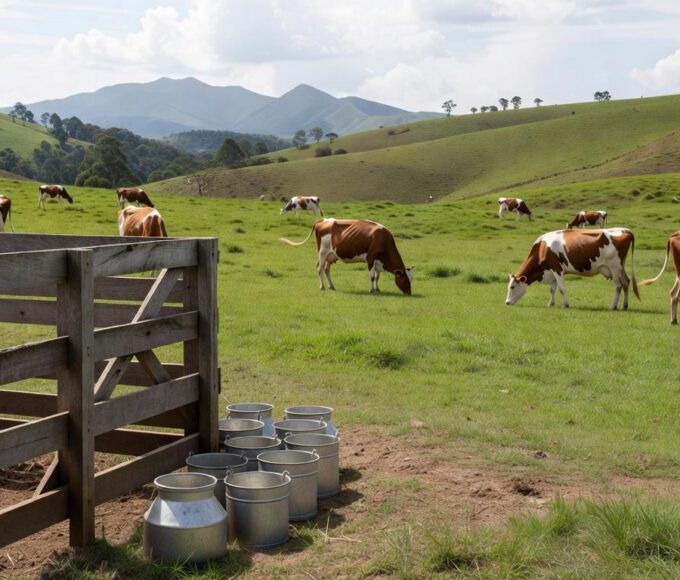 Fazenda leiteira brasileira com vacas e baldes, representando o programa Balde Cheio da Embrapa, em homenagem a Arthur Chinelato de Camargo.