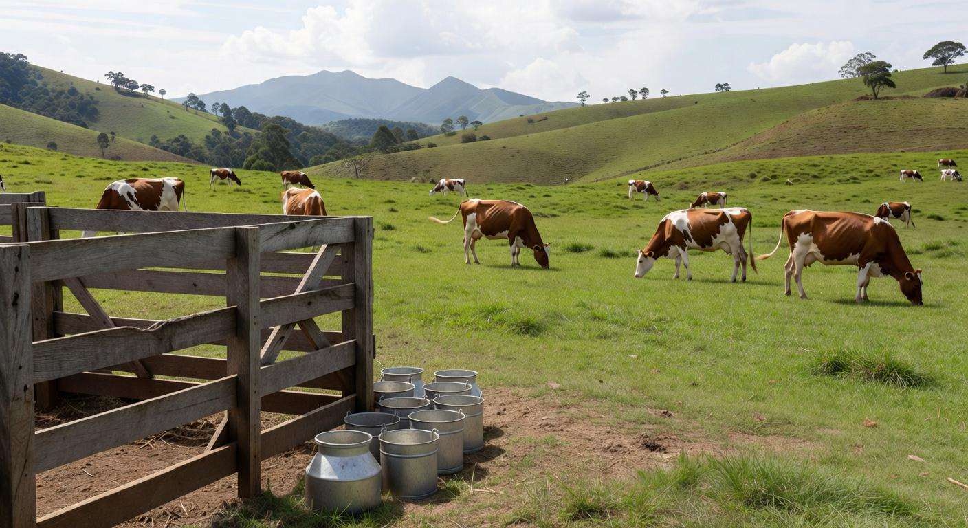 Fazenda leiteira brasileira com vacas e baldes, representando o programa Balde Cheio da Embrapa, em homenagem a Arthur Chinelato de Camargo.