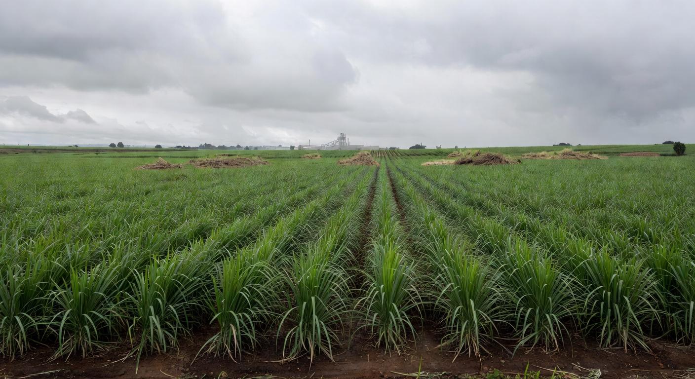 Campos de cana-de-açúcar no Brasil, representando queda no preço do açúcar devido a canetas emagrecedoras.