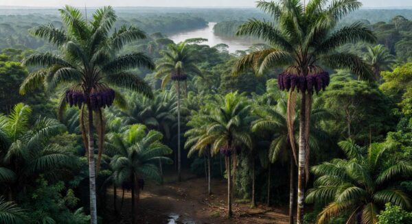 Plantação de açaí na floresta amazônica do Pará, destacando a dominância na produção nacional de 93,8%.