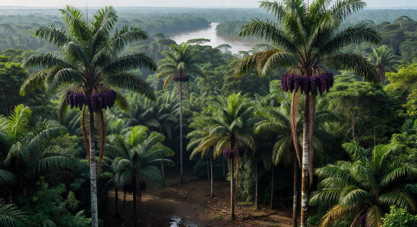 Plantação de açaí na floresta amazônica do Pará, destacando a dominância na produção nacional de 93,8%.