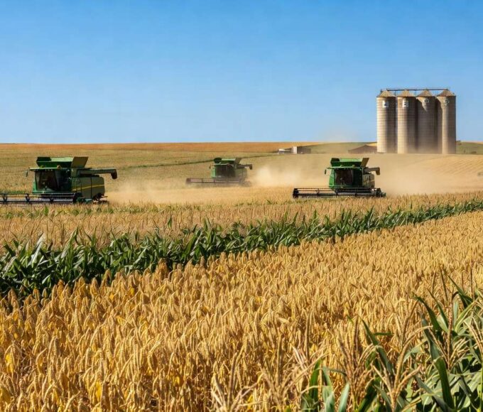 Campo de grãos no Brasil, representando exportações agrícolas e impacto no mercado global de commodities como soja e milho.