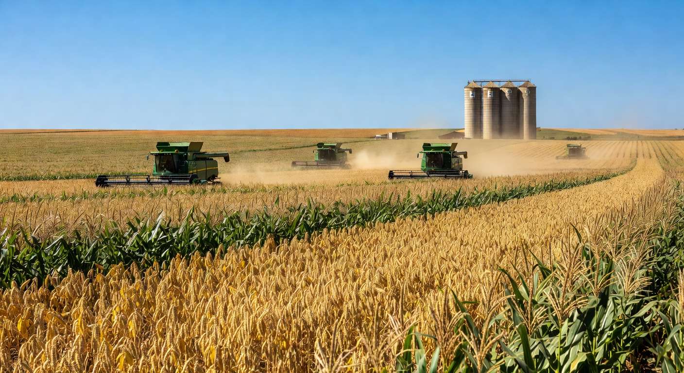 Campo de grãos no Brasil, representando exportações agrícolas e impacto no mercado global de commodities como soja e milho.