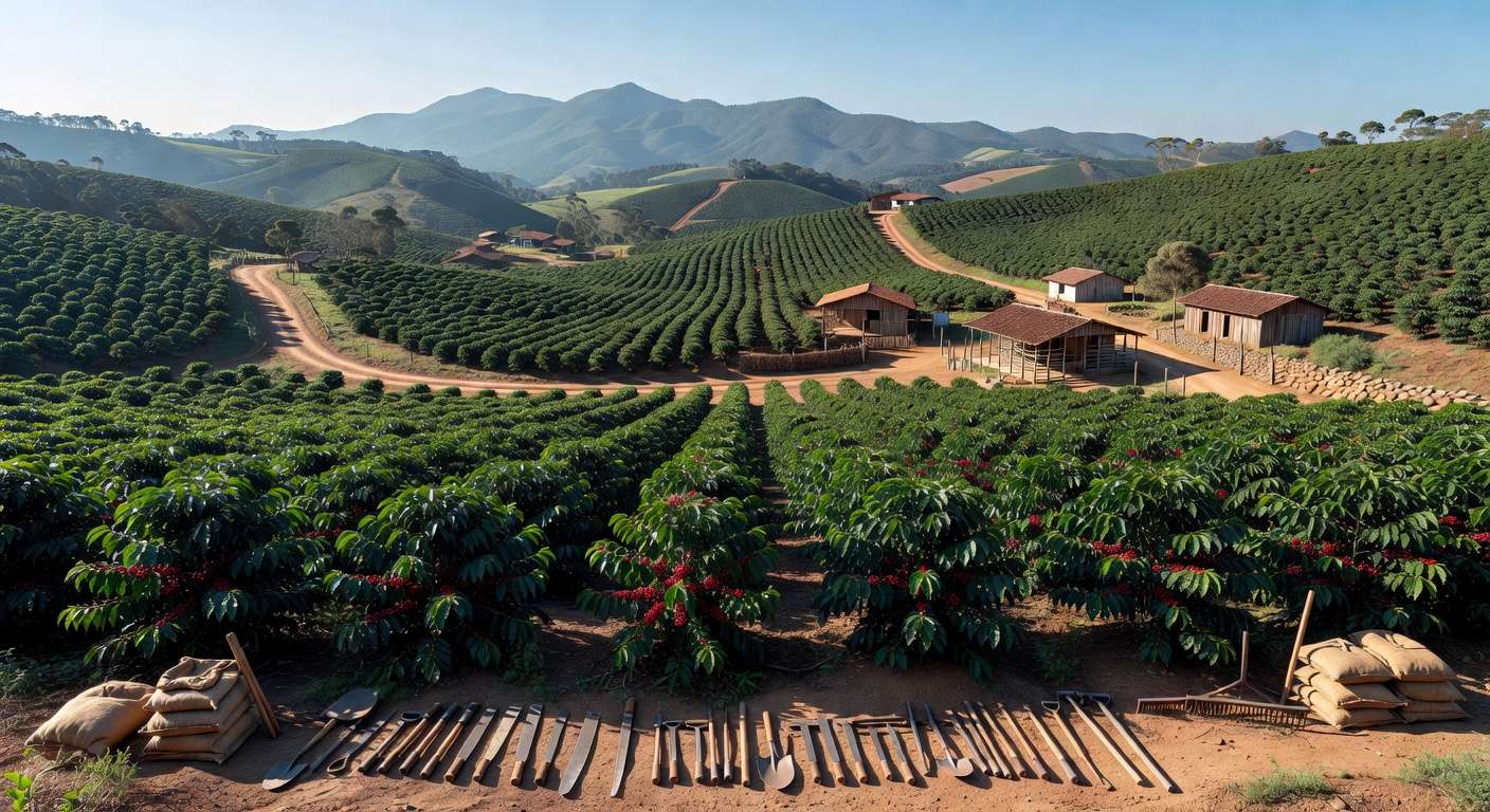Plantação de café em Varginha, MG, representando capacitação de cafeicultores pelo Cecafé e MTE para trabalho digno.