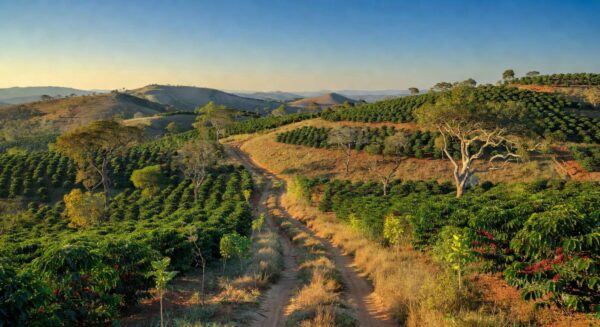 Paisagem do Cerrado Mineiro com plantações de café regenerativas, simbolizando movimento sustentável global.